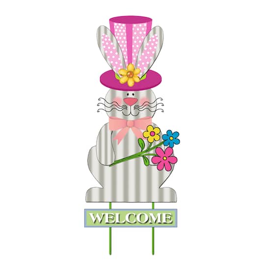 31.5" Welcome Easter Bunny with Pink Hat Garden Stake